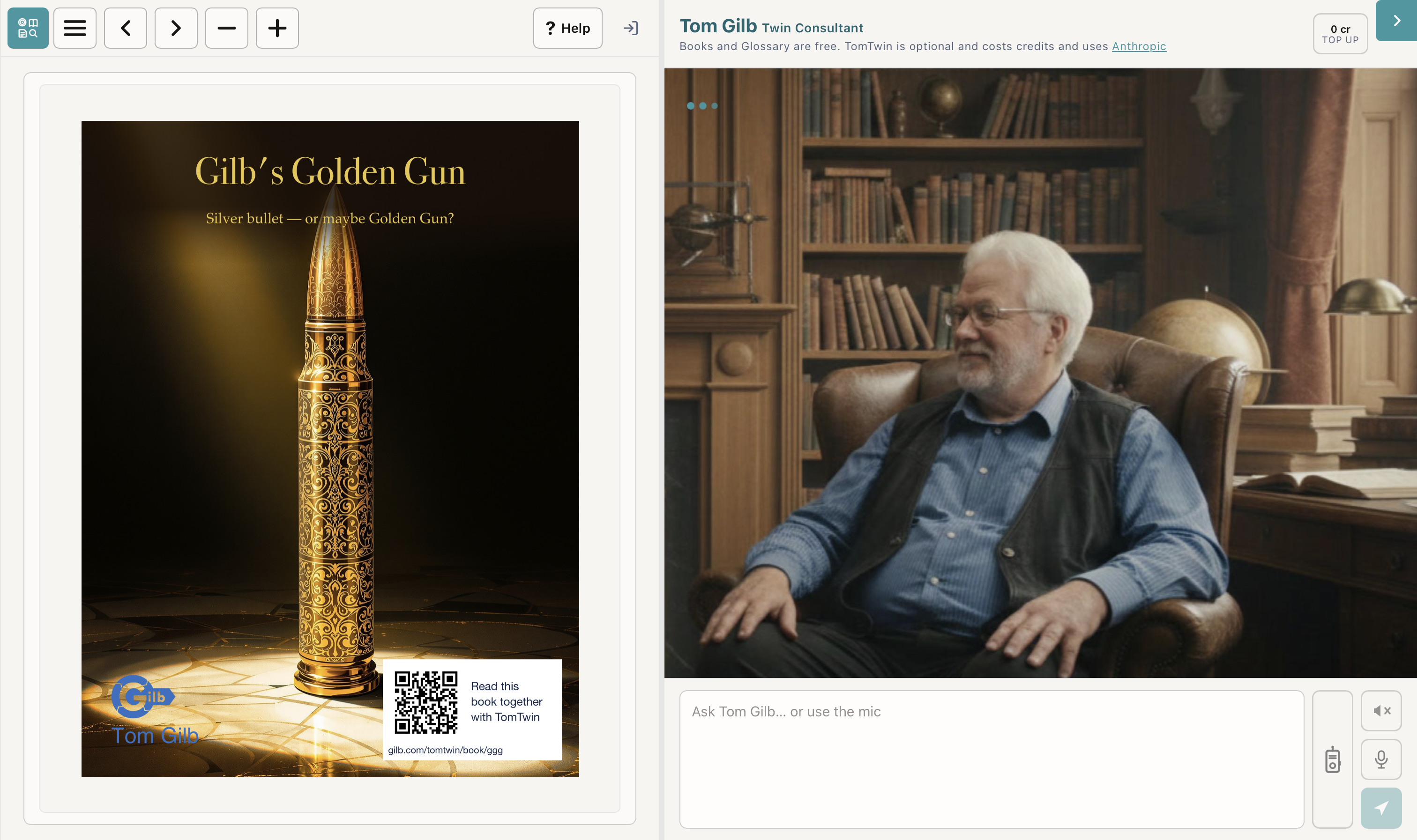 Tom Gilb Twin, a custom AI application with voice chat, book search, secure login and payments.